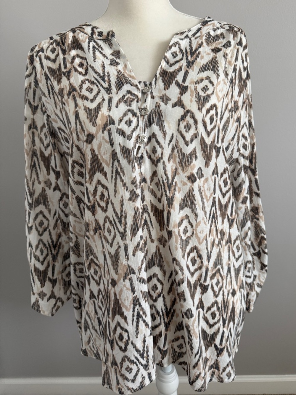 Coral Bay Beige and Black Ikat Print Top